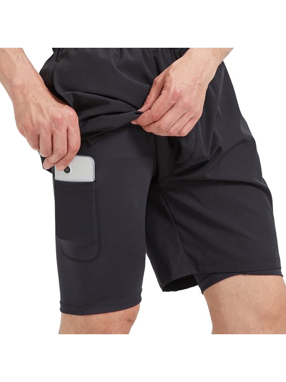 Mens Gym Shorts with Pockets Athletic 2 in 1 Shorts Lightweight Workout Running Shorts Black XL