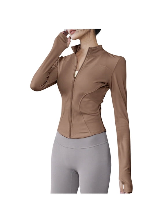 Womens Zip Up Workout Jacket Lightweight Slim Fit Stretch Athletic Jacket Cropped Running Gym Tops with Thumb Holes