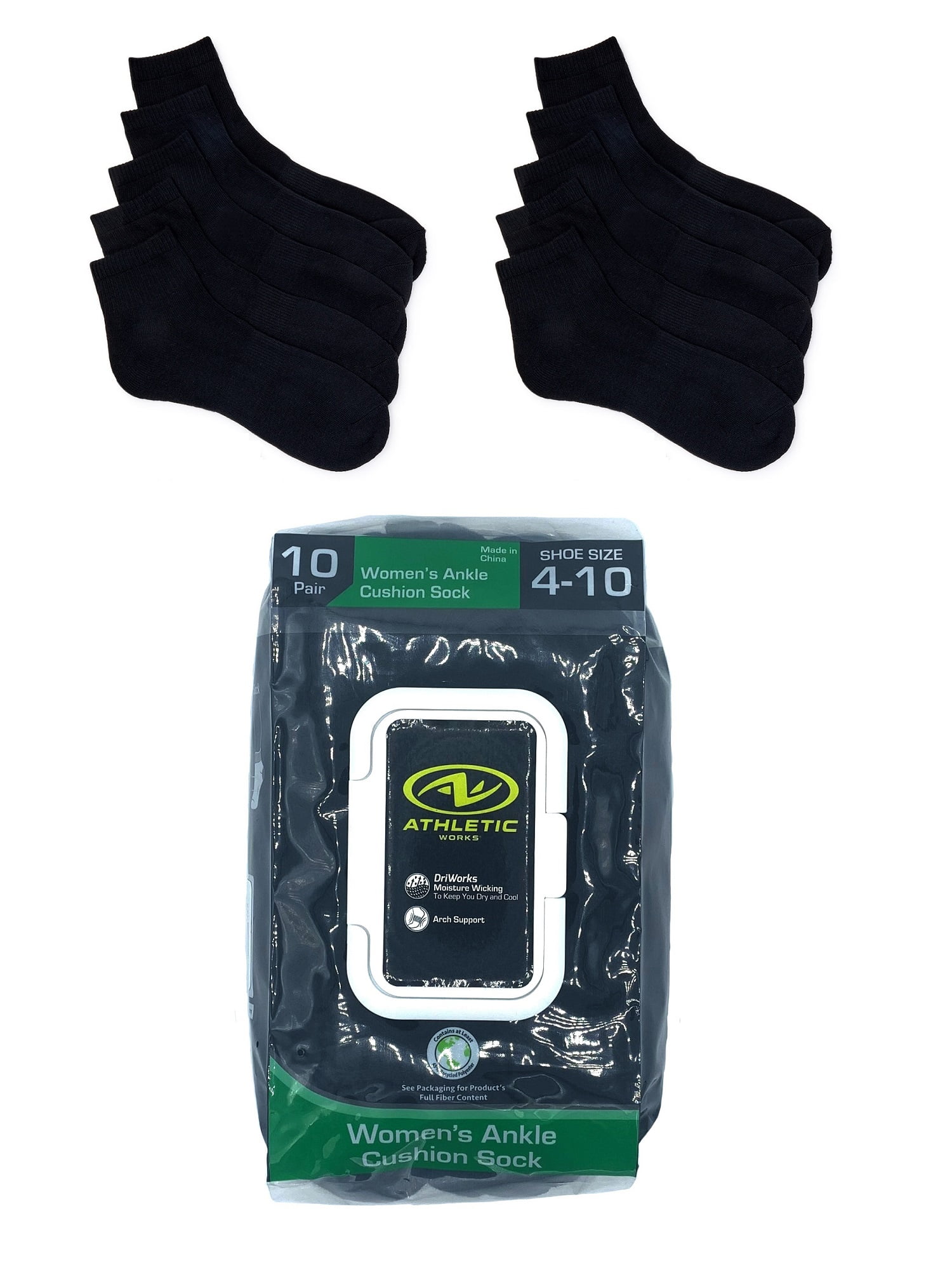 Athletic Works Women's Ankle Socks with Cushion and Arch Support, 10-Pack, Size 4-10