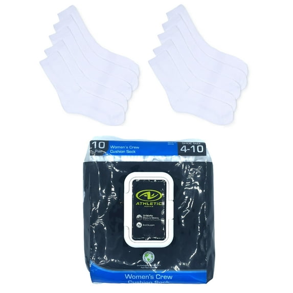 Athletic Works Women's Crew Socks with Cushion and Arch Support, 10-Pack, Size 4-10