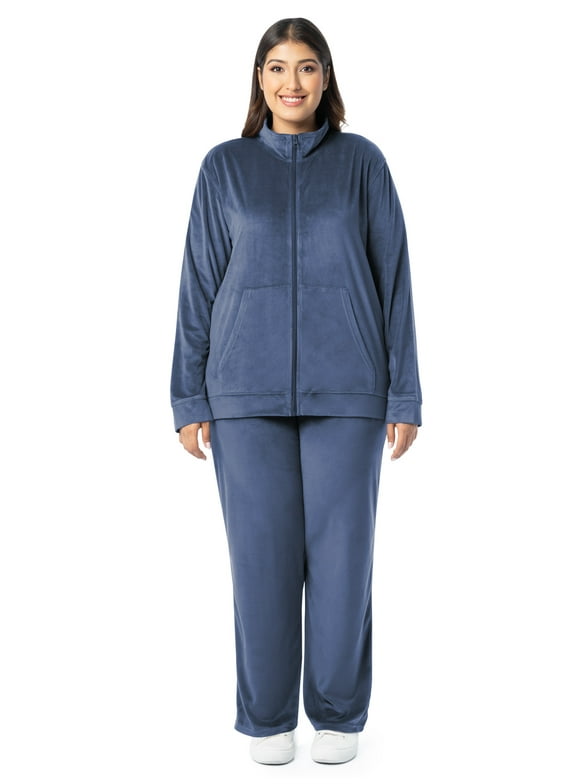 Women's Plus Active Velour Zip-up Jacket and Pant Tracksuit Set, Size 1X-4X