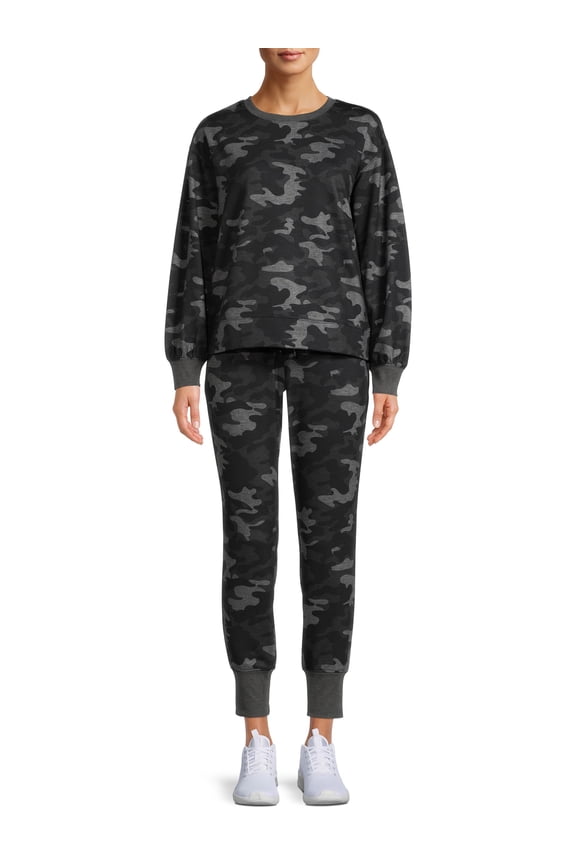 Women's Printed Brushed Jersey Sweatshirt and Jogger Pants Set, 2-Piece