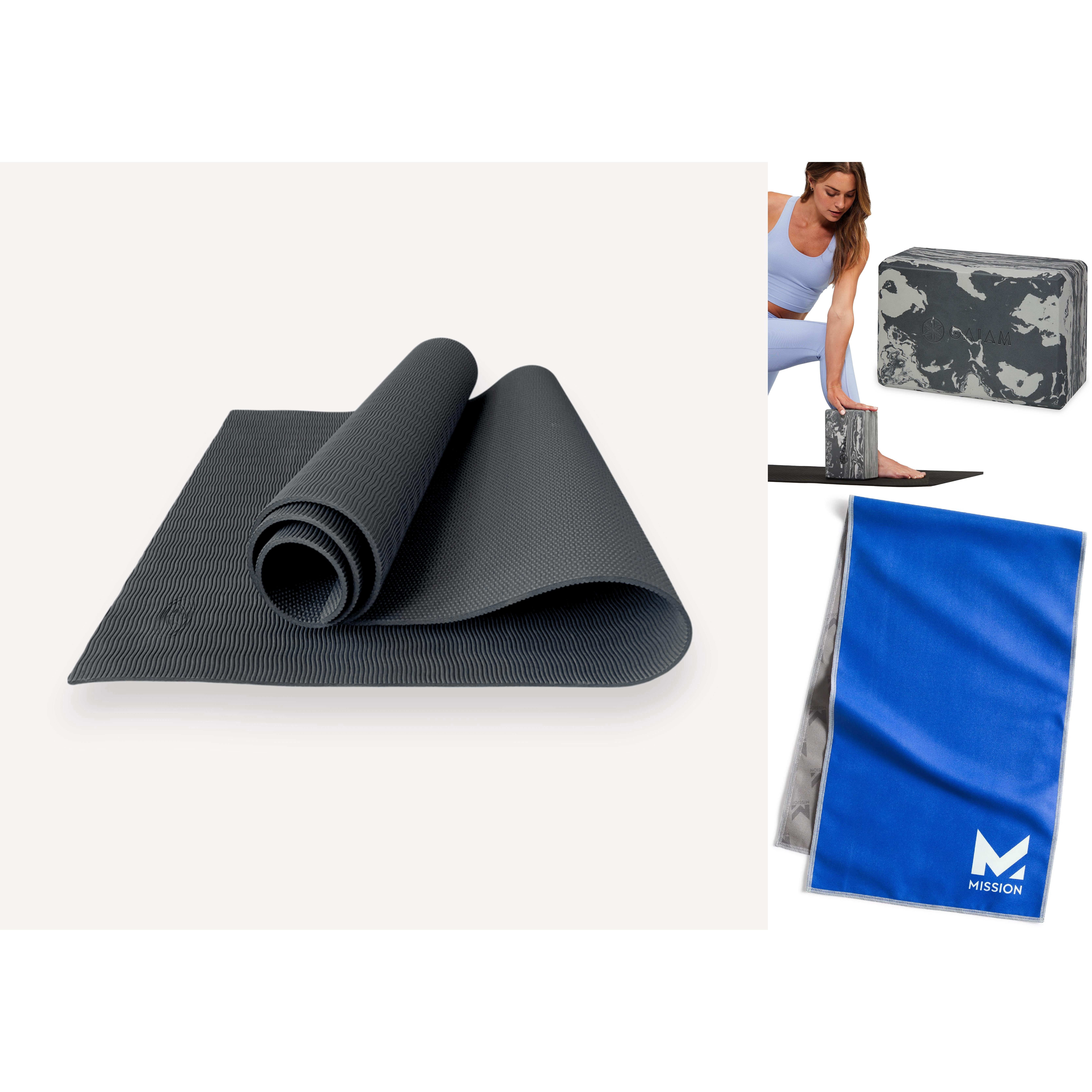 Athletic Works Yoga Essentials Bundle with 5mm TPE Mat, Gaiam Yoga Block and Mission Cooling Towel