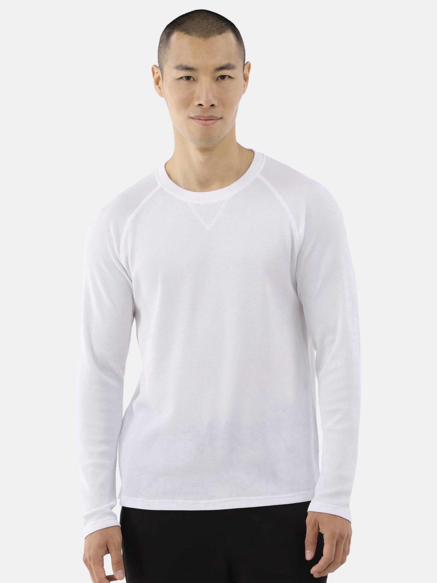 Men's Waffle Crewneck Pullover with Long Sleeves, Size S-3XL
