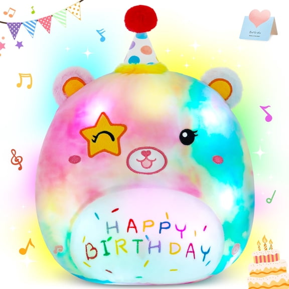 Athoinsu 14" Happy Birthday Light up Musical Bear Plush Pillow Cute Rainbow Stuffed Animal Soft Kawaii Birthday Plushie Star Wink Funny Pillows Home Room Decoration Gifts for Toddlers Kids Girls Y201