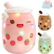 Athoinsu Light Up Strawberry Milky Tea Plush Pillow 15'' Kawaii Stuffed Bubble Animal Toy with LED Lights Birthday Christmas Holiday Valentines Gifts for Kids,Girls,Boys