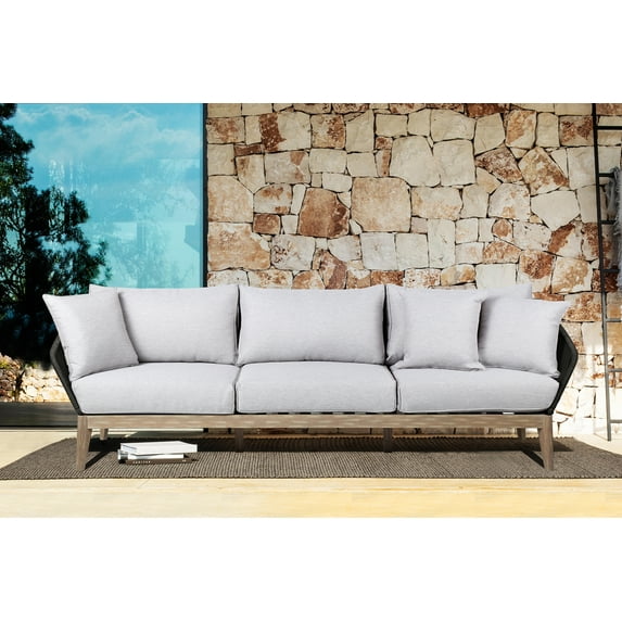 Athos Indoor Outdoor 3 Seater Sofa in Light Eucalyptus Wood with Charcoal Rope and Gray Cushions