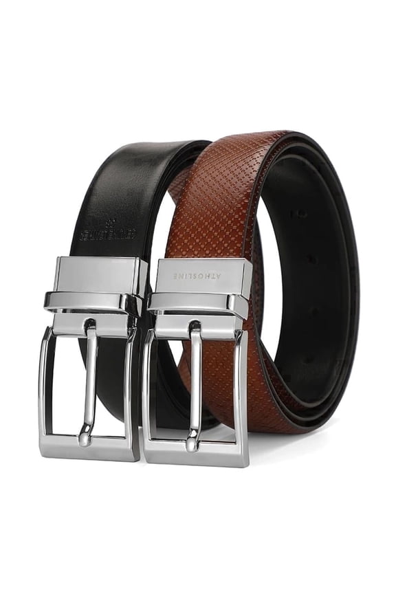 Mens Reversible Leather Belt, 35mm, Casual Business Style, Weave Pattern, Brown+Black, Recortable