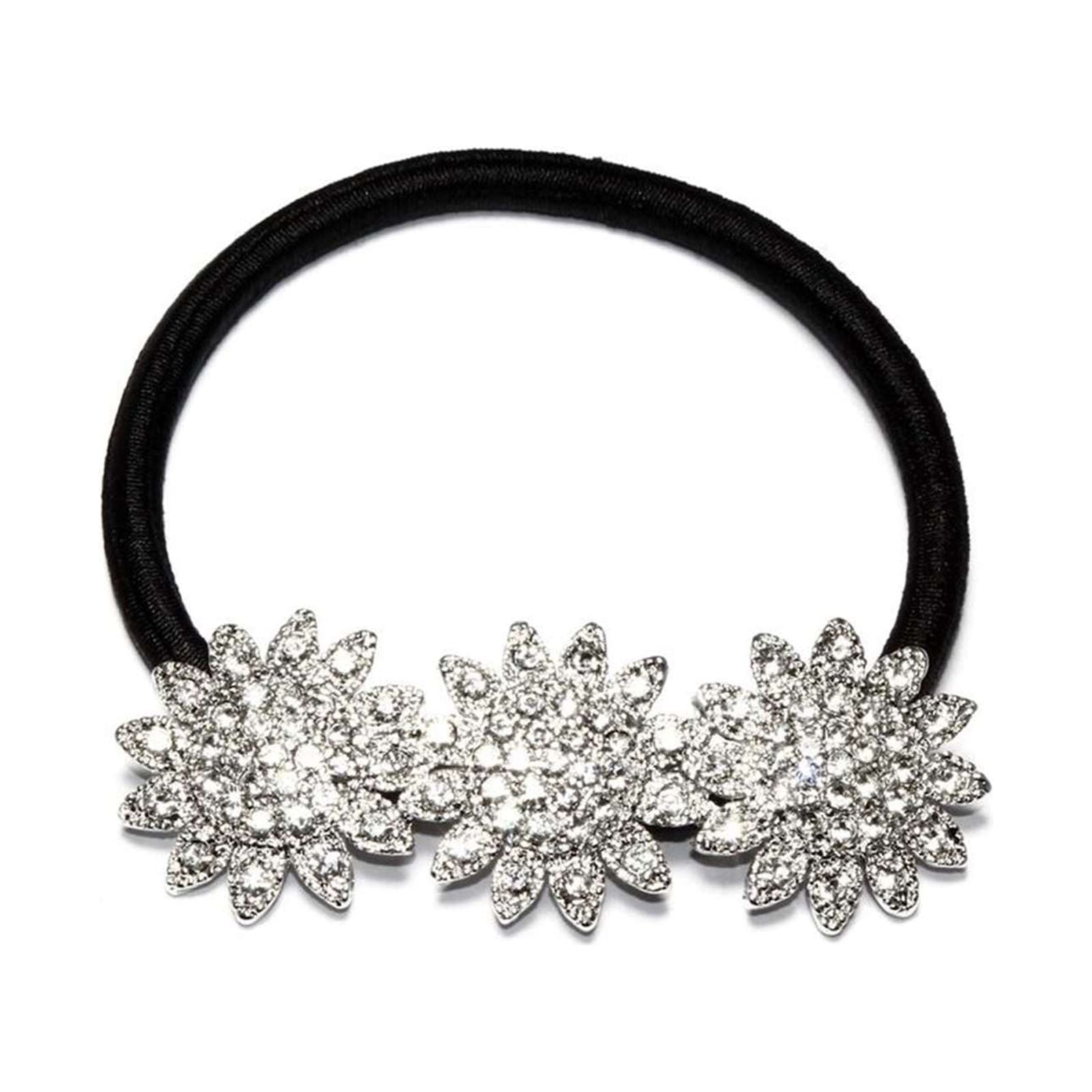Athra Women's Triple Flower Hair Tie, Metal-Black \ Clear Crystal,OS - US