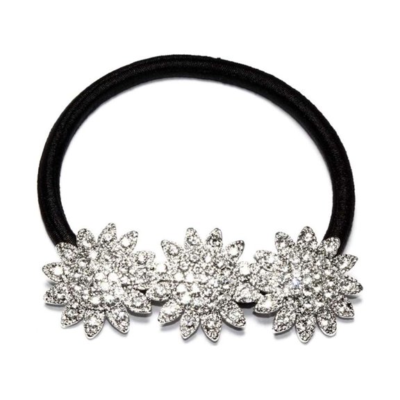 Athra Women's Triple Flower Hair Tie, Metal-Black Clear Crystal,OS - US