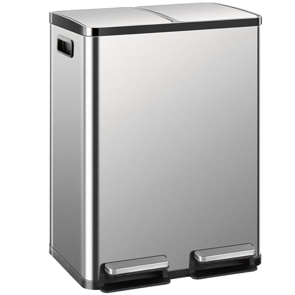 Atilioo 16 Gallon Dual Compartment Trash Can, Stainless Steel Garbage Can with Foot Pedal, Soft-Close Lid, 2 x 30 L Large Capacity Recycling Bin, Perfect for Kitchen, Office