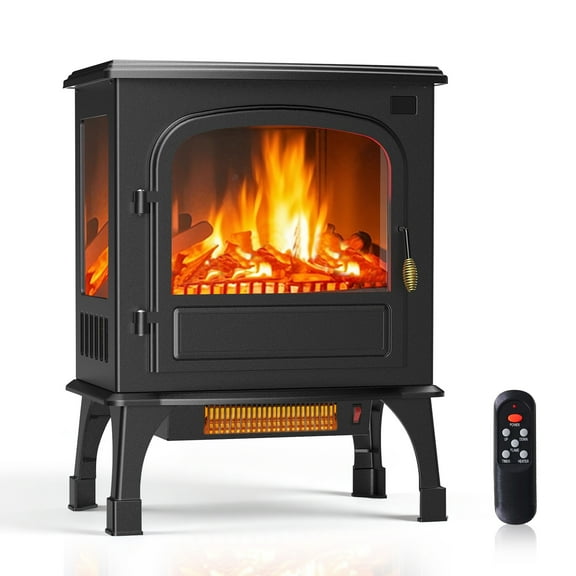 Atilioo 26" Electric Fireplace Stove, Freestanding 3D Flame Energy Saving Space Heater with Remote, Overheating Protection, 12H Timer, Single Door, Black Metal