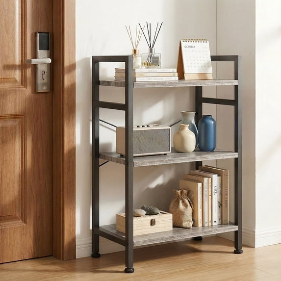 Atilioo 3 Tiers Bookcase, Wood Bookshelf Tall Display Shelves Storage Organizer for Bedroom, Living Room & Home Office, Gray