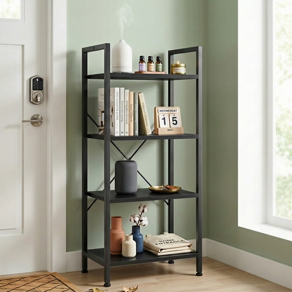 Atilioo 4 Tiers Bookcase, Wood Bookshelf Tall Display Shelves Storage Organizer for Bedroom, Living Room & Home Office, Black
