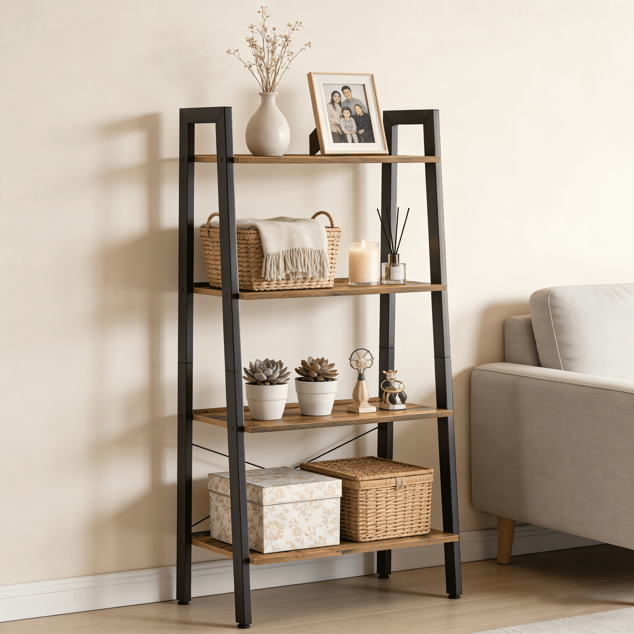 Atilioo 4 Tiers Ladder Bookcase, Wood Bookshelf Tall Standing Display Shelves Storage Organizer for Bedroom, Living Room & Home Office Bathroom, Brown