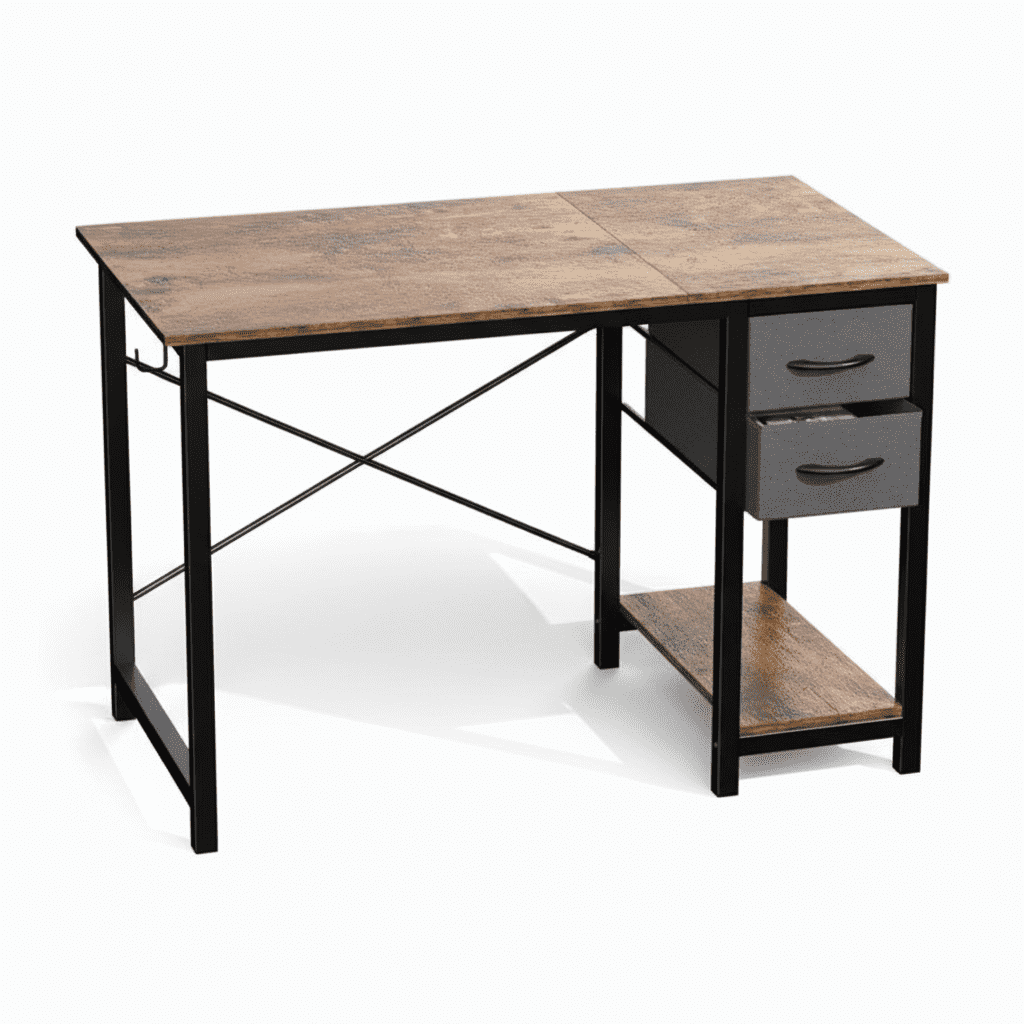 Atilioo 40" Computer Desk, PC Table with 2 Fabric Drawers & Headphone Hook, Sturdy Metal Frame, Easy Assembly for Home Office, Brown