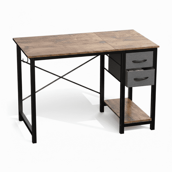Atilioo 40" Computer Desk, PC Table with 2 Fabric Drawers & Headphone Hook, Sturdy Metal Frame, Easy Assembly for Home Office, Brown