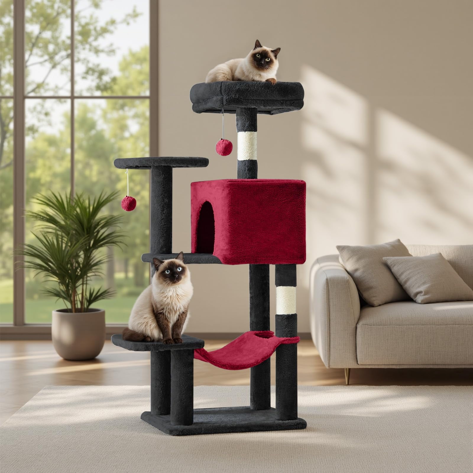 Atilioo 44 inch Cat Tree, Multi-Level Indoor Cat Tower with Condo, Hammock, Sisal Scratching Posts, Anti-Tip Bolts for Indoor Cats, Black Red