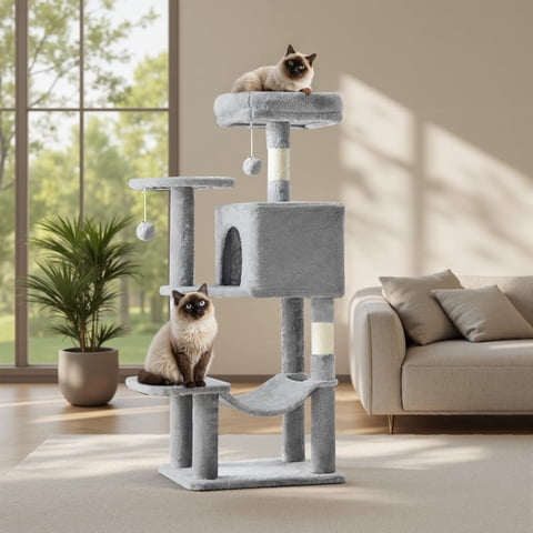 Atilioo 44 inch Cat Tree, Multi-Level Indoor Cat Tower with Condo, Hammock, Sisal Scratching Posts, Anti-Tip Bolts for Indoor Cats, Light Gray