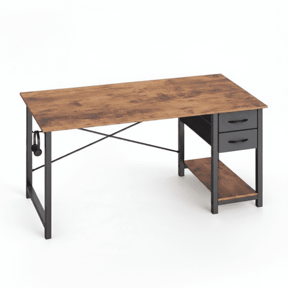 Atilioo 47" Computer Desk, PC Table with 2 Fabric Drawers & Headphone Hook, Sturdy Metal Frame, Easy Assembly for Home Office, Brown
