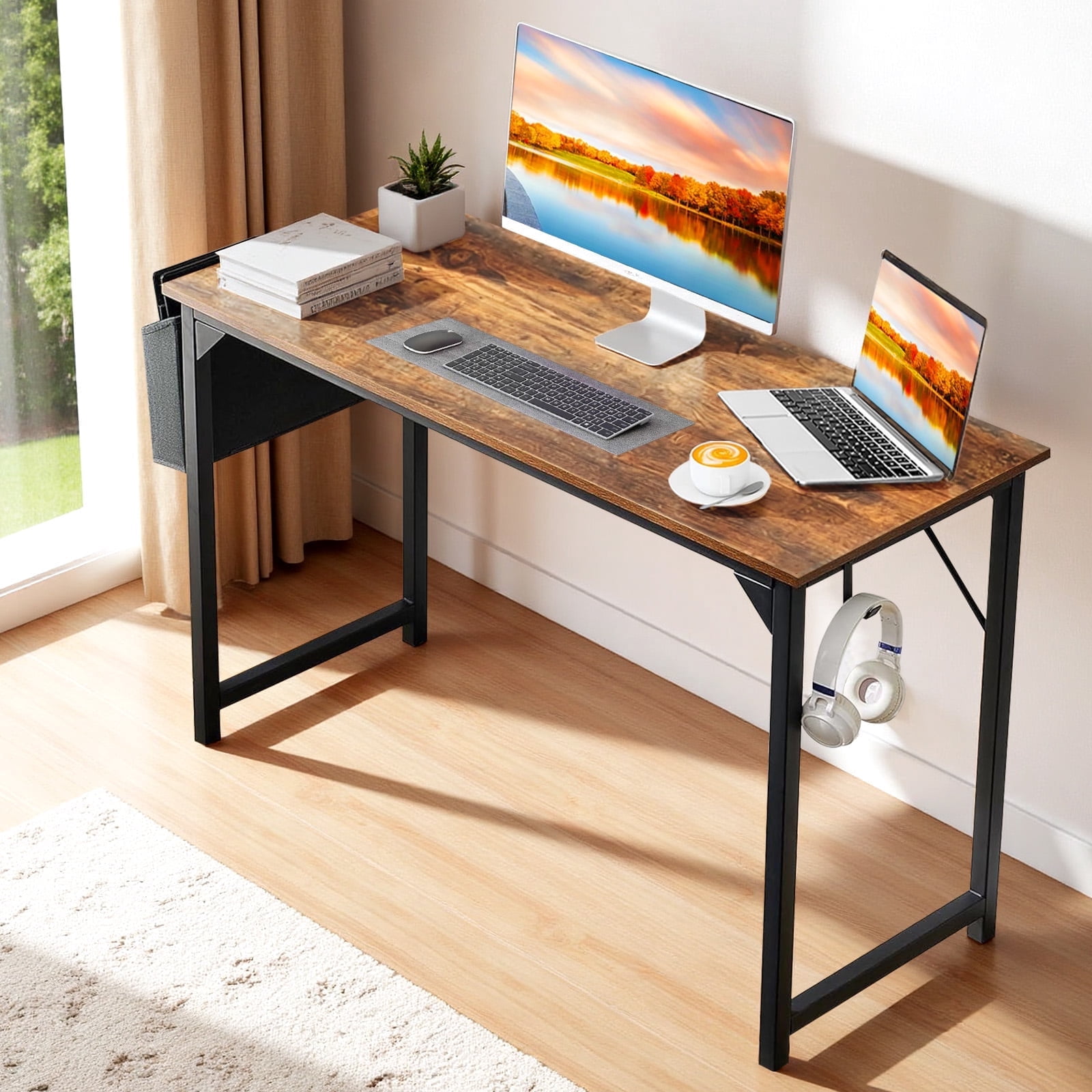Atilioo 47" Sturdy Computer Desk, Ergonomic Work Study Writing Table with Storage Bag & Iron Hook, Rustic Brown