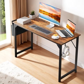 Atilioo 47" Sturdy Computer Desk, Ergonomic Work Study Writing Table with Storage Bag & Iron Hook, Rustic Brown