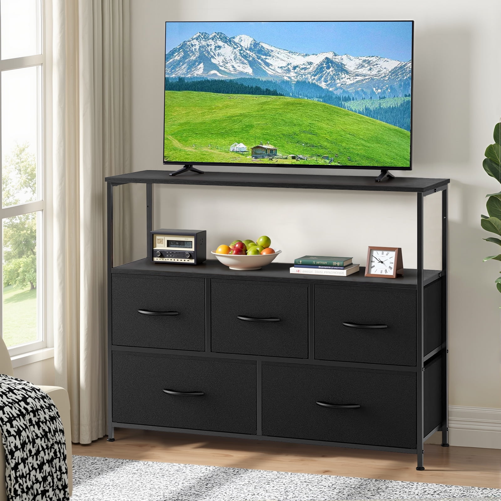 Atilioo 5 Drawer Dresser, Fabric Storage Chest with TV Stand, Open Shelf, Adjustable Feet, Bedroom or Living Room, Black