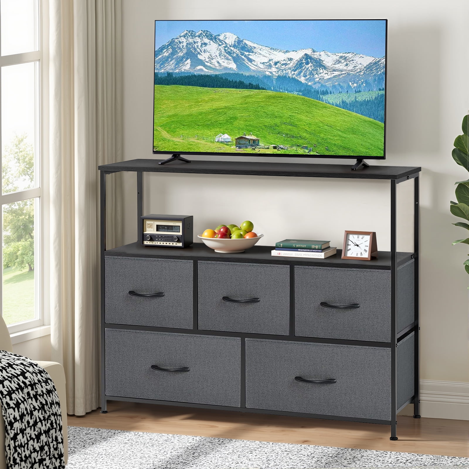 Atilioo 5 Drawer Dresser, Fabric Storage Chest with TV Stand, Open Shelf, Adjustable Feet, Bedroom or Living Room, Gray