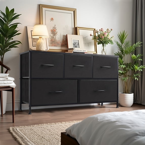 Atilioo 5 Drawers Storage Dresser, Fabric Closet Organizer with Sturdy Wooden Top and Metal Frame, Perfect for Bedroom, Hallway, or Living Room, Black