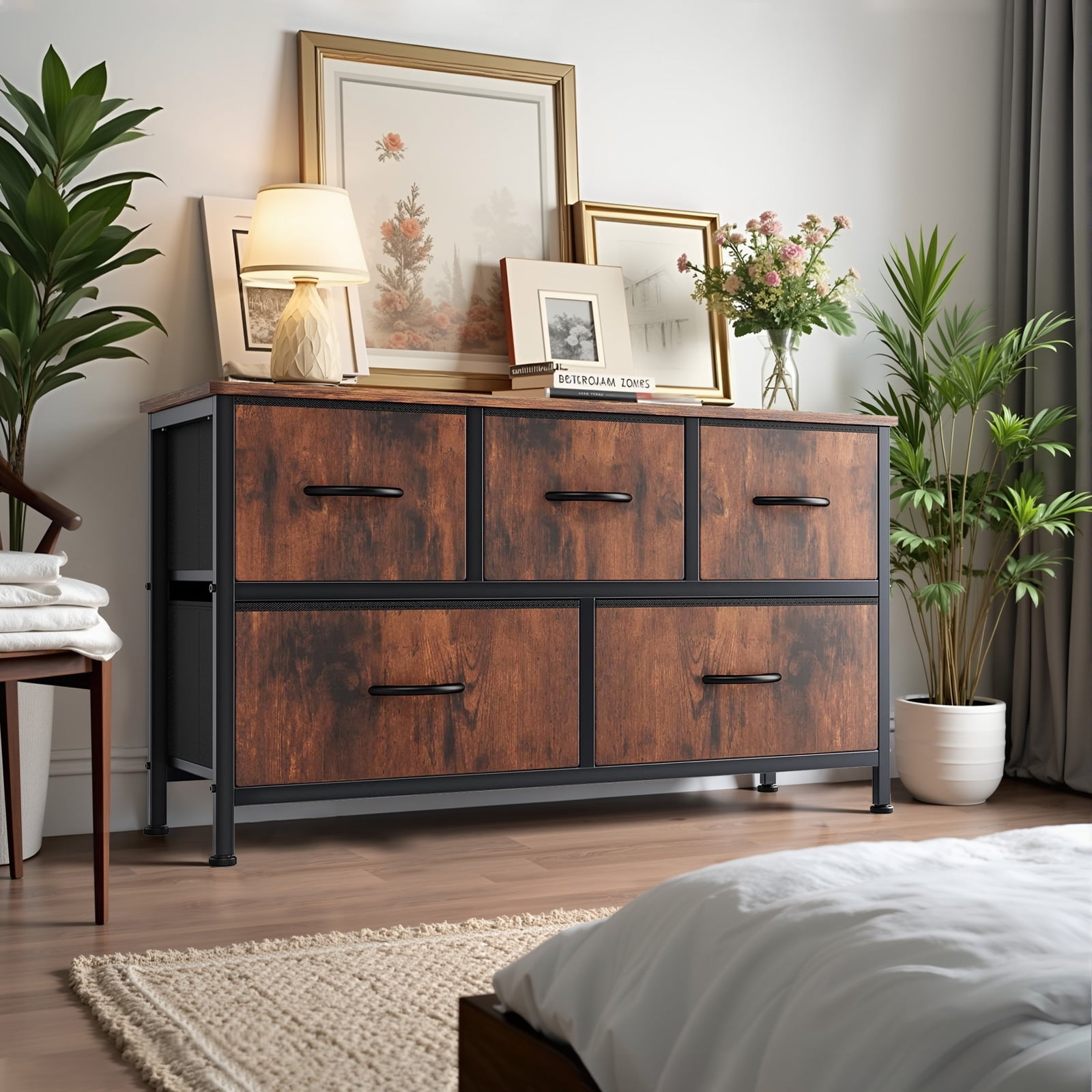 Atilioo 5 Drawers Storage Dresser, Fabric Closet Organizer with Sturdy Wooden Top and Metal Frame, Perfect for Bedroom, Hallway, or Living Room, Brown
