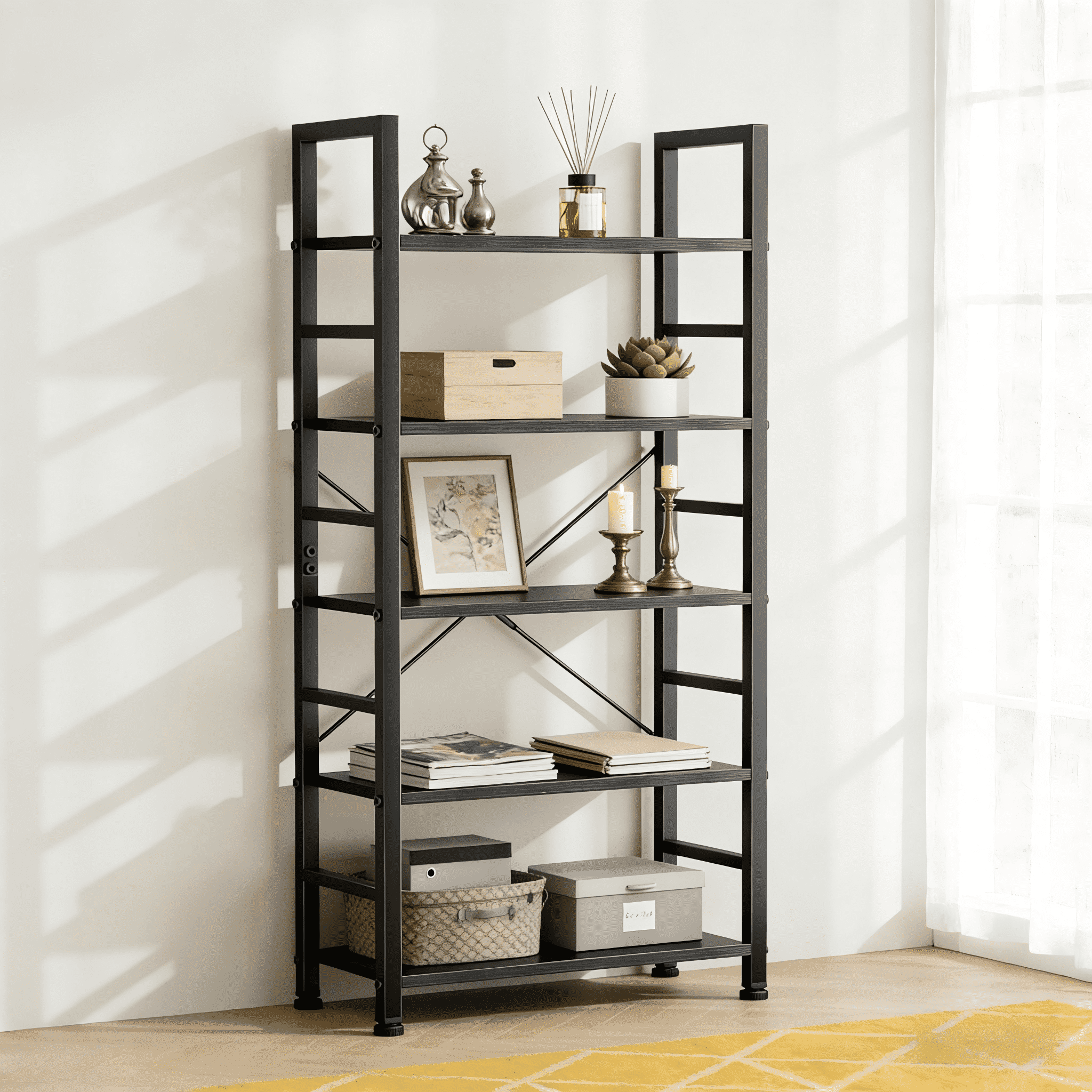 Atilioo 5 Tier Bookcase, 62" Tall Bookshelf, Wooden Storage Organizer with Adjustable Shelves for Living Room, Home Office, Kitchen, Black