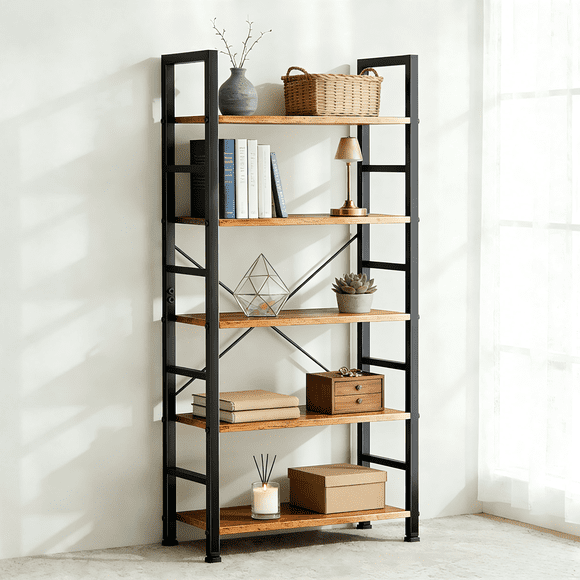 Atilioo 5 Tier Bookcase, 62" Tall Bookshelf, Wooden Storage Organizer with Adjustable Shelves for Living Room, Home Office, Kitchen, Rustic Brown