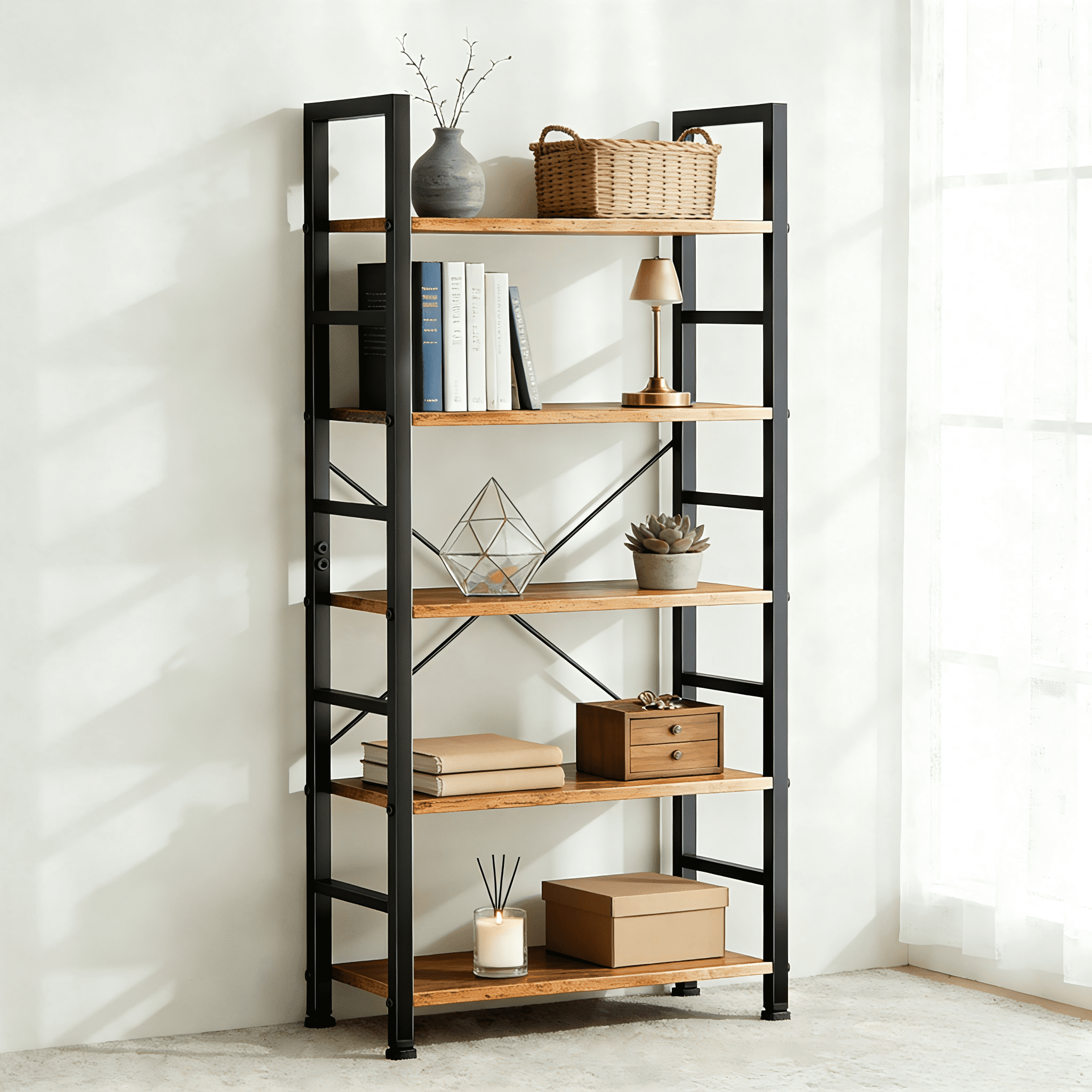 Atilioo 5 Tier Bookcase, 62" Tall Bookshelf, Wooden Storage Organizer with Adjustable Shelves for Living Room, Home Office, Kitchen, Rustic Brown