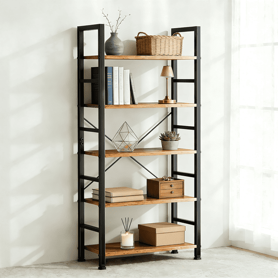 Atilioo 5 Tier Bookcase, 62" Tall Bookshelf, Wooden Storage Organizer with Adjustable Shelves for Living Room, Home Office, Kitchen, Rustic Brown