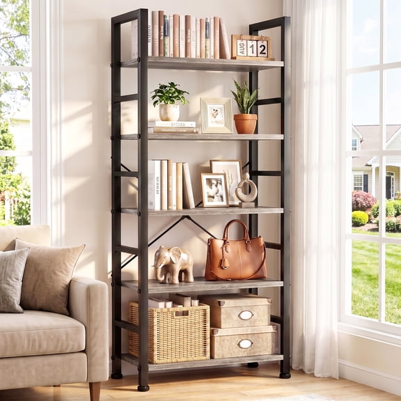 Atilioo 5 Tiers Bookcase, Heavy Durty Bookshelf Storage Organizer, Tall Display Shelves for Bedroom, Living Room, Gray