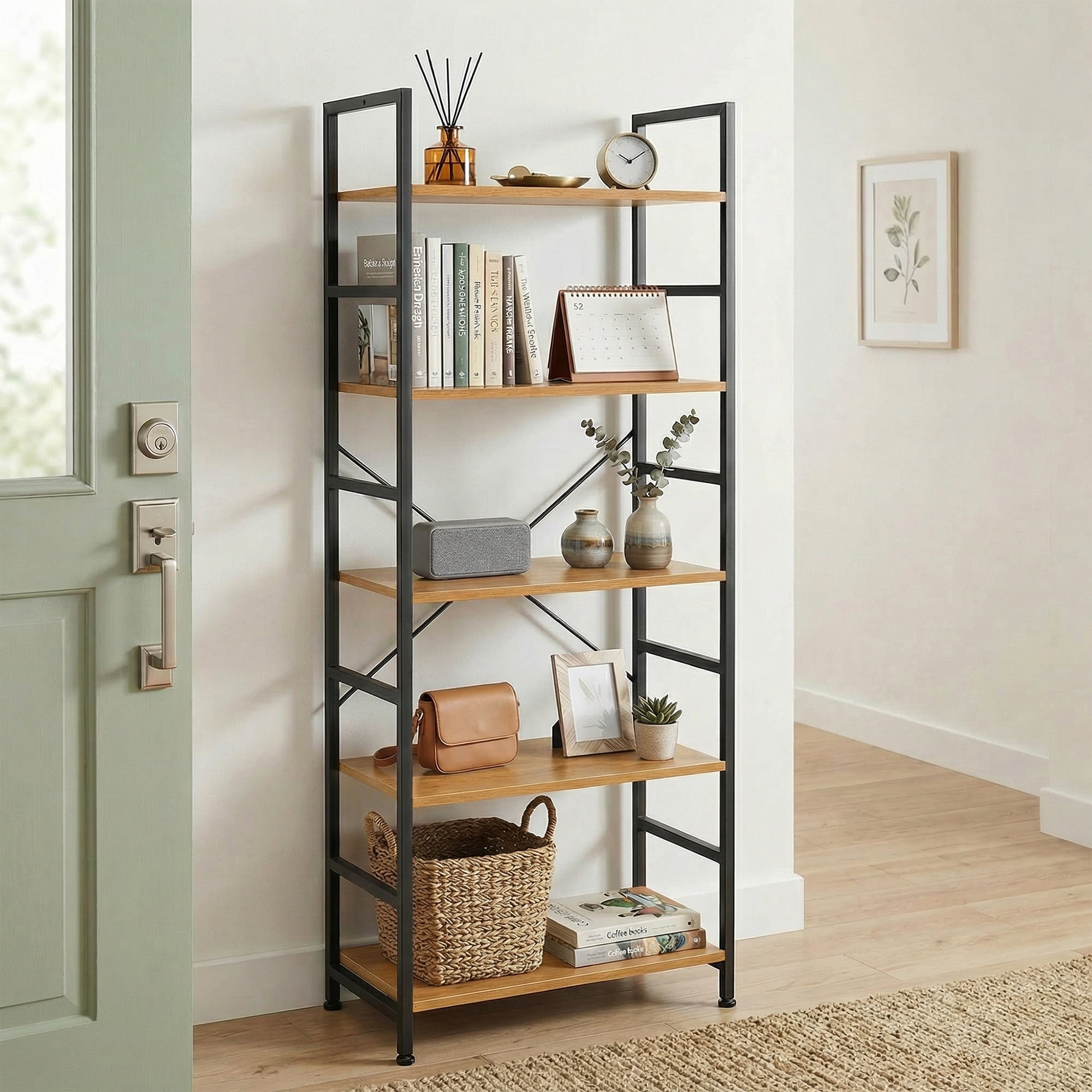 Atilioo 5 Tiers Bookcase, Heavy Durty Bookshelf Storage Organizer, Tall Display Shelves for Bedroom, Living Room, Yellow