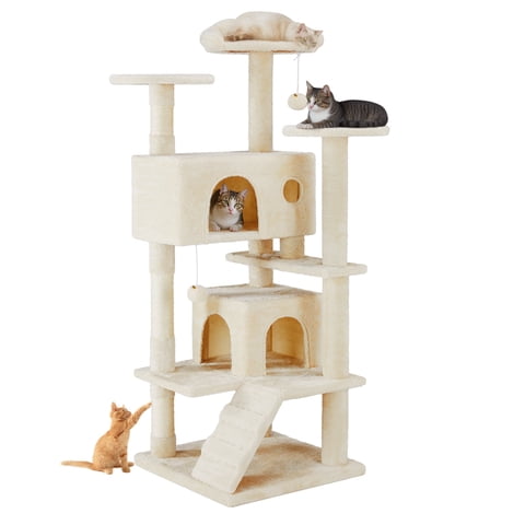 Atilioo 54 inch Cat Tree Tower with Scratching Post, Multi-Level Cat Condo Pet House Play with Stable Base, Beige