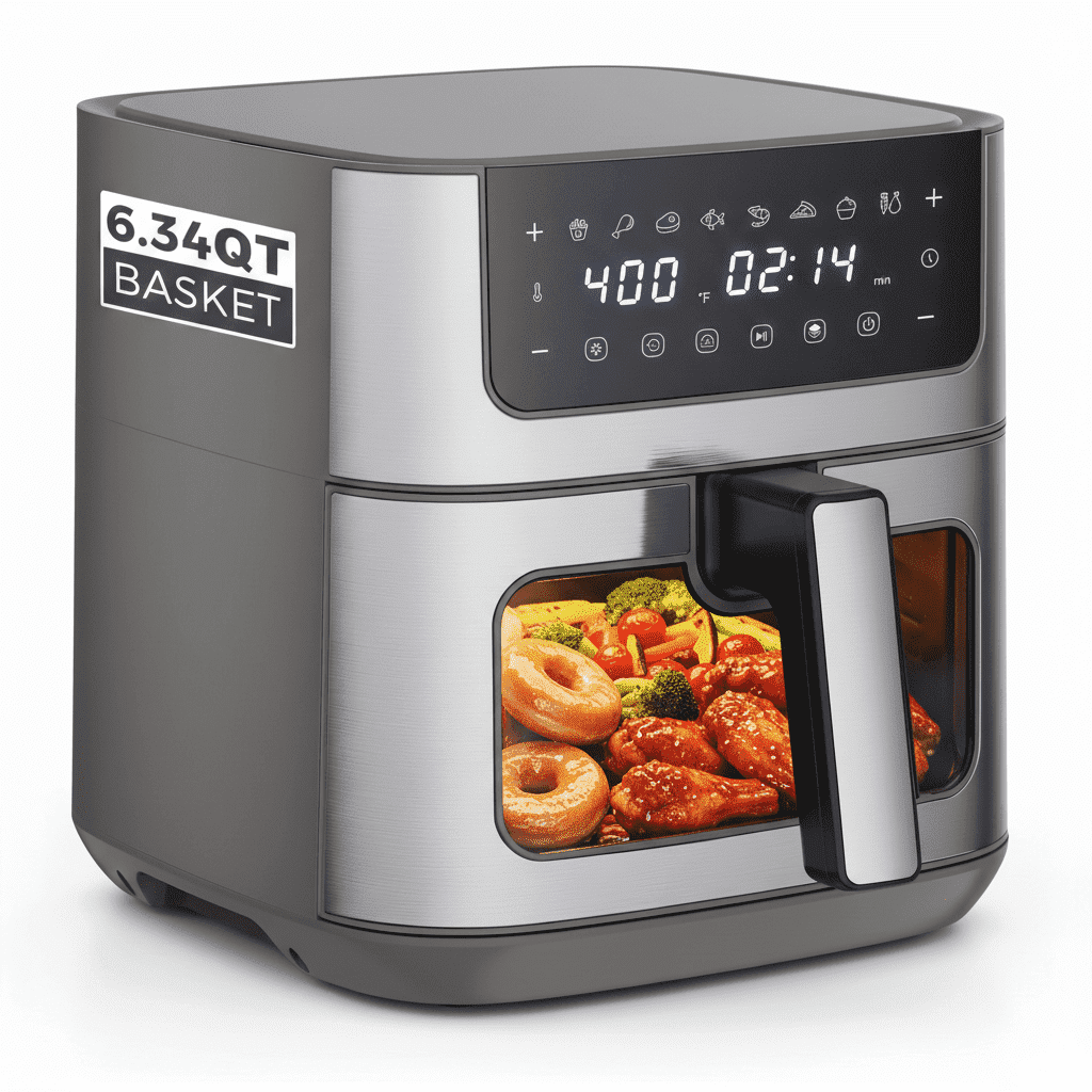 Atilioo 6.34Qt Air fryer with View Window & 8 Presets, Digital Touchscreen Stainless Steel Rapid Frying Cooker, Non-Stick & Dishwasher Safe, Gray