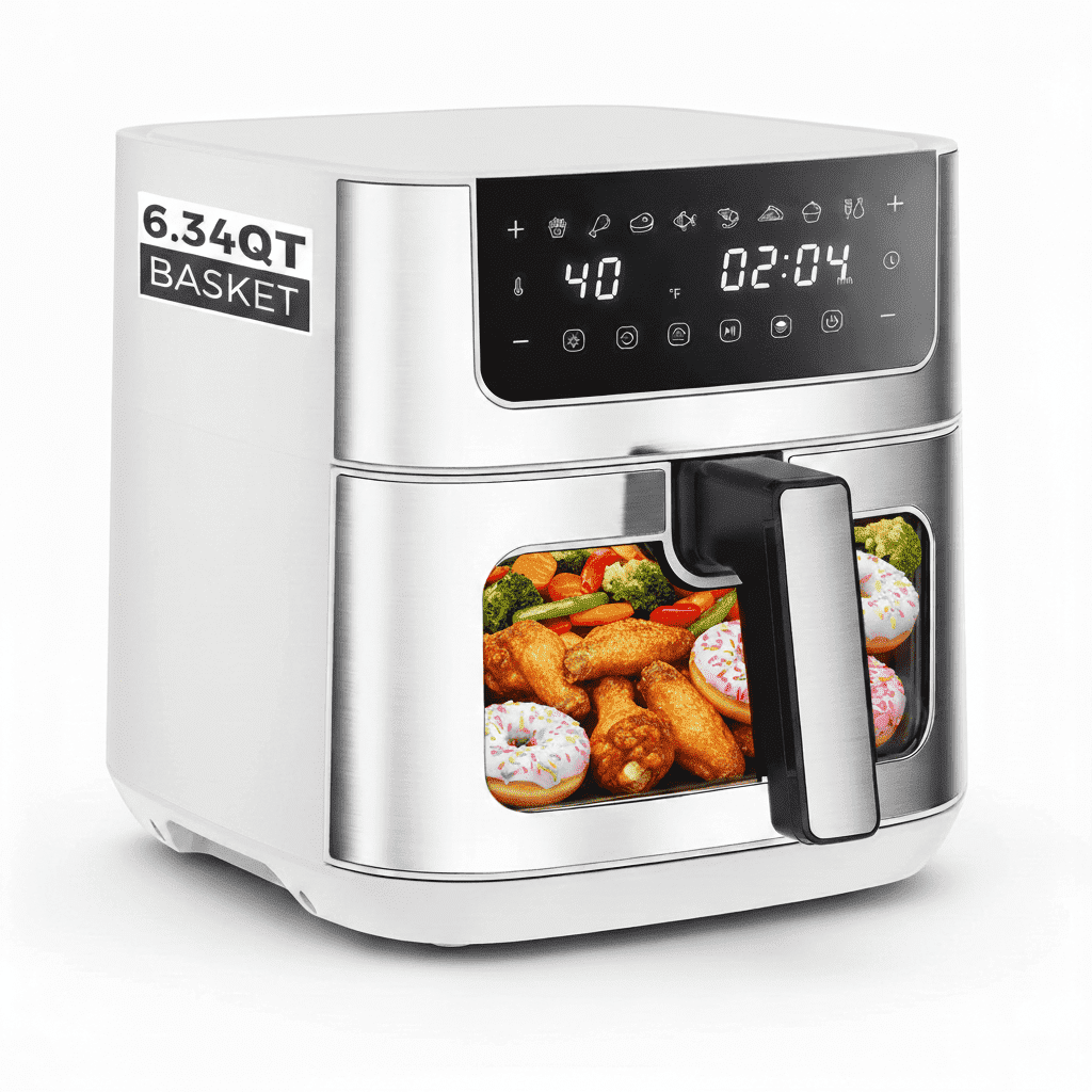 Atilioo 6.34Qt Air fryer with View Window & 8 Presets, Digital Touchscreen Stainless Steel Rapid Frying Cooker, Non-Stick & Dishwasher Safe, White