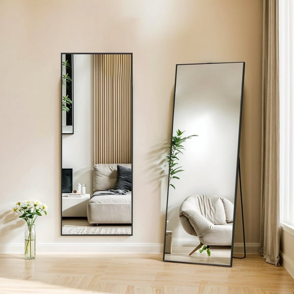 Atilioo Full Length Mirror 64"x21" - Rectangular Floor Mirror with Shatter-Proof Glass, Wall-Mount or Leaning Full Body Mirror for Bedroom, Dressing Room - Durable Black Aluminum Frame