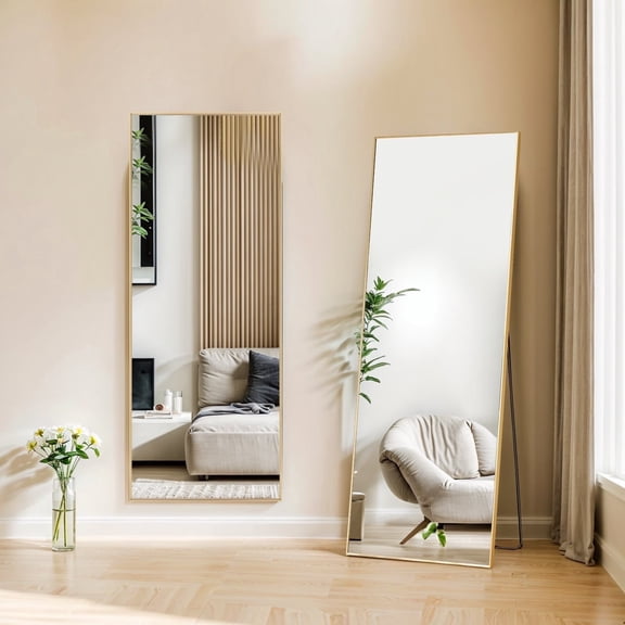 Atilioo Full Length Mirror 64"x21" - Rectangular Floor Mirror with Shatter-Proof Glass, Wall-Mount or Leaning Full Body Mirror for Bedroom, Dressing Room - Durable Gold Aluminum Frame