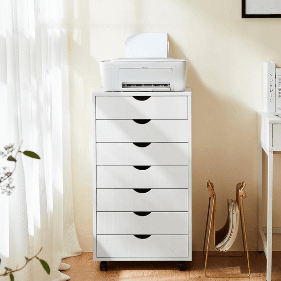 Atilioo 7 Drawer Chest, Wood Dresser with Wheels, Sturdy Storage Cabinet, Perfect for Home Office or Bedroom, White