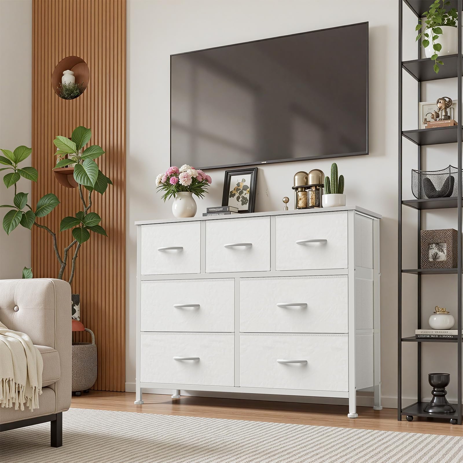 Atilioo 7 Drawer Fabric Dresser, Chest of Drawers, Clothes Storage Organizer Unit for Bedroom Living Room, White