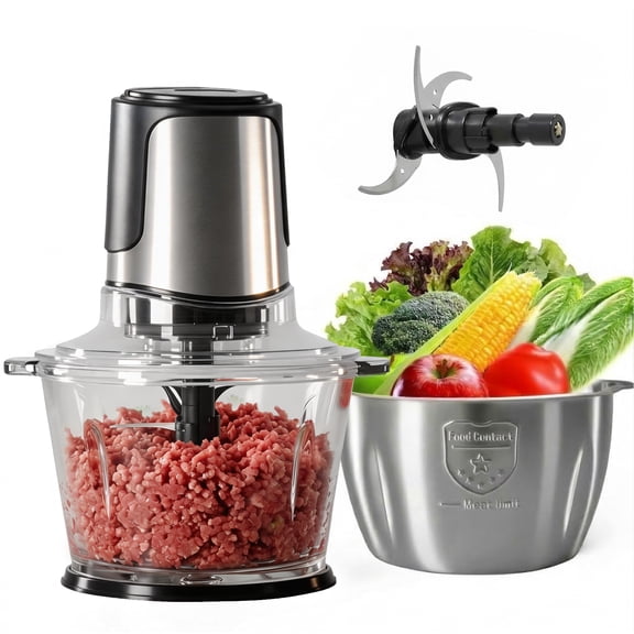 Atilioo 8 Cup Food Processors, Fast Meat Grinder & Vegetable Chopper, Dual-Bowls, Stainless Steel Blades, BPA Free, Black