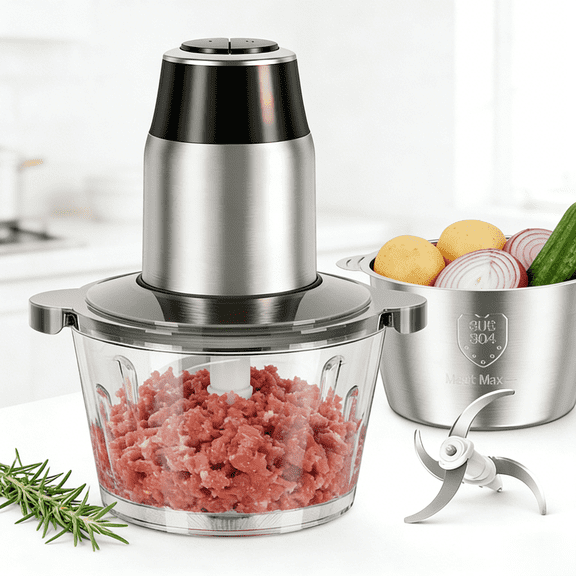 Atilioo 8 Cup Food Processors, Fast Meat Grinder & Vegetable Chopper, Dual-Bowls, Stainless Steel Blades, BPA Free, Black