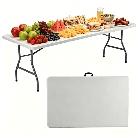 Atilioo 8FT Outdoor Folding Table, No Assembly Waterproof Portable Camping Desk with Carrying Handle, White