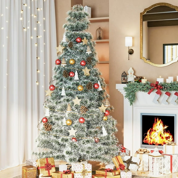 Atilioo 9FT Pre-Lit Snow Flocked Christmas Tree with 600 LEDs, Classic Quick-Assembly Artificial Xmas Tree for Winter Holiday Décor, Green & White