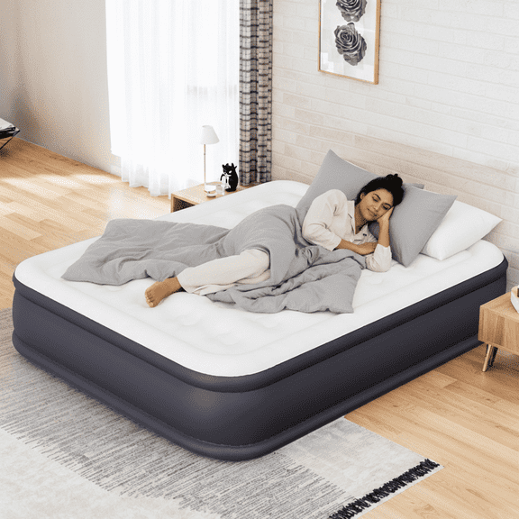 Atilioo Air Mattress with Built-in Pump, Inflatable Airbed, High Durability Blow Up Mattresses for Camping Home Camping Travel, 660lb Max, Queen Size 18 Inch, Black