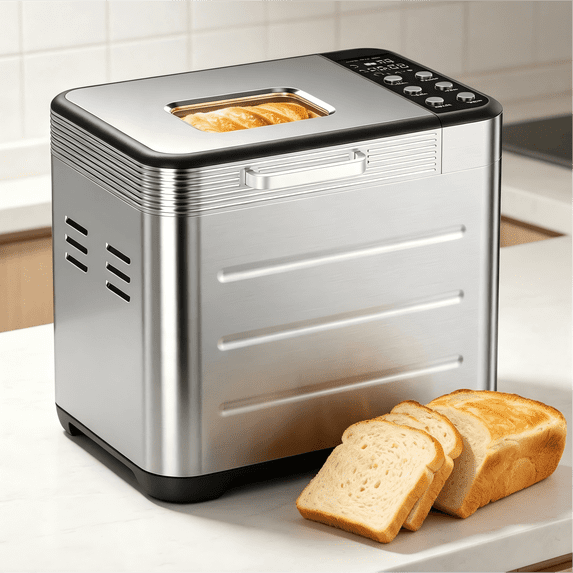 Atilioo Automatic Bread Maker Machine, 21‑in‑1 Multi‑Function, LCD Display Programmable Timer, Stainless Steel Compact, Up to 2 lbs Capacity, 3 Crust Colors, Silver