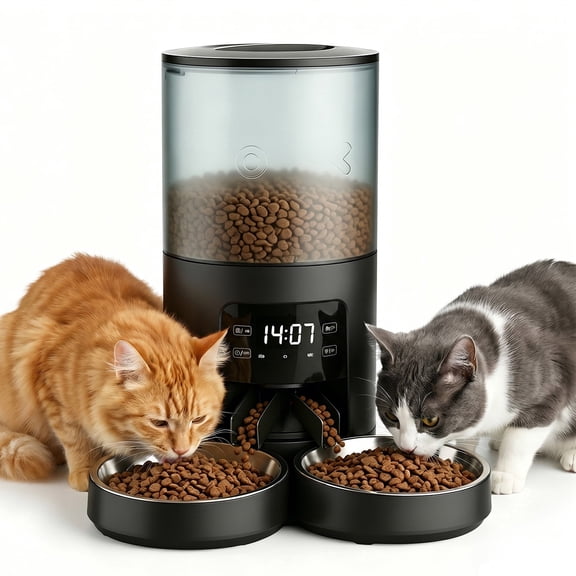 Atilioo Automatic Cat Feeder, 6L Programmable Pet Food Dispenser with 2 Bowls, Dry Food, Dual Power Supply, Timed Portion Control for Cats & Small Dogs, Black